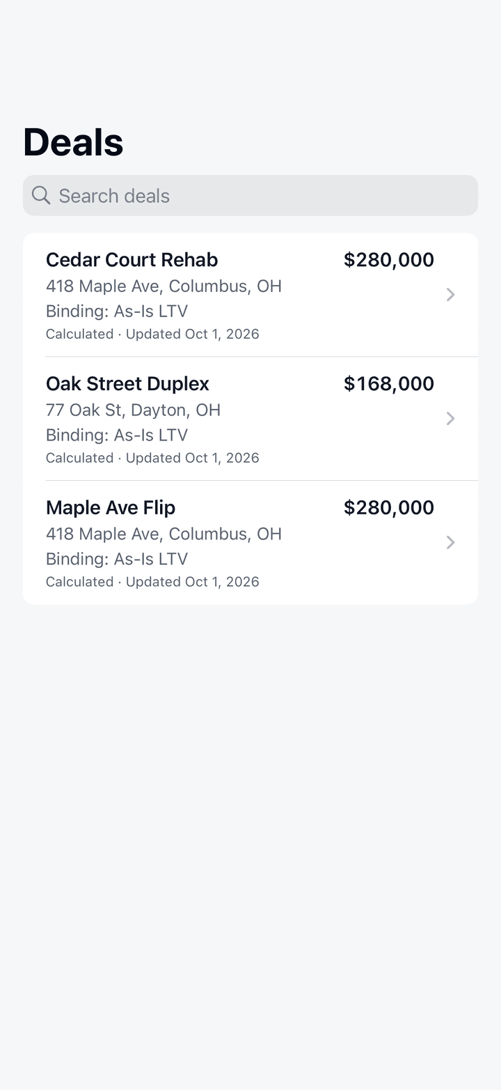 Deals tab with a search field and three saved deals, each showing its name, address, maximum loan, binding constraint and last update date