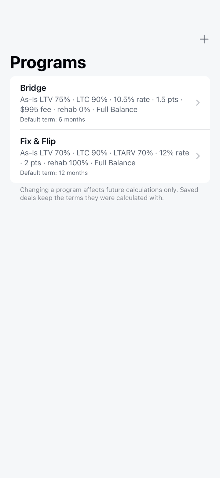 Programs tab with two saved lending programs, Bridge and Fix & Flip, each listing its limits, rate, points, rehab funding, interest basis and default term, plus a $995 fee on Bridge